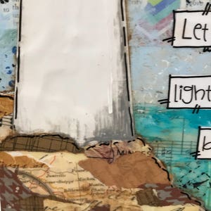 May include: A mixed media art piece with a white background and a map of the United States. The art piece has a quote that says "Let your light shine".