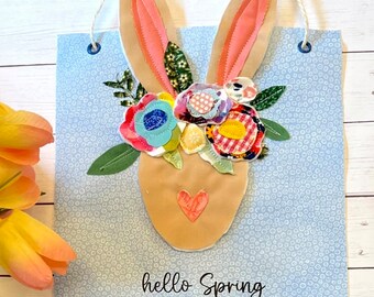 Hello spring, Spring Bunny Wall Banner, Fabric Bunny Decor, Fabric Appliqué Sign, Fabric Rabbit sign, Easter Decor