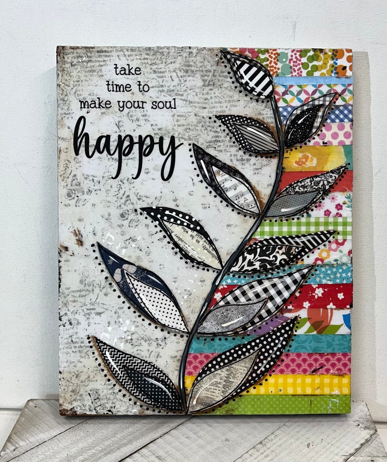 Happy sign, Colorful Sign, Buffalo check, Happiness Gift, take time to make your soul happy, Vine Sign, Inspirational Art, Mixed media Original Art 8x10"