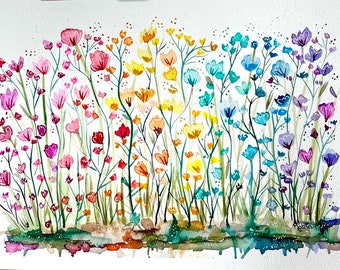 Rainbow Wildflowers, Watercolor Rainbow flowers, painted flowers, Rainbow Meadow Painting