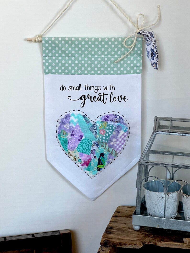 Small things with great love, Heart Quilted heart Wall Banner, Fabric wall decor, Fabric Banner, Fabric Sign, Fabric Pendant, Heart Decor image 1