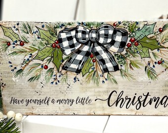 Letrero a cuadros de búfalo, decoración navideña, letrero de Navidad, decoración festiva, ¡que tengas una feliz Navidad!, pintura de acebo