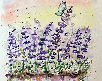 Watercolor Lavender, Floral Watercolor Painting, Violet Lavender Meadow Decor, butterfly, painted flowers