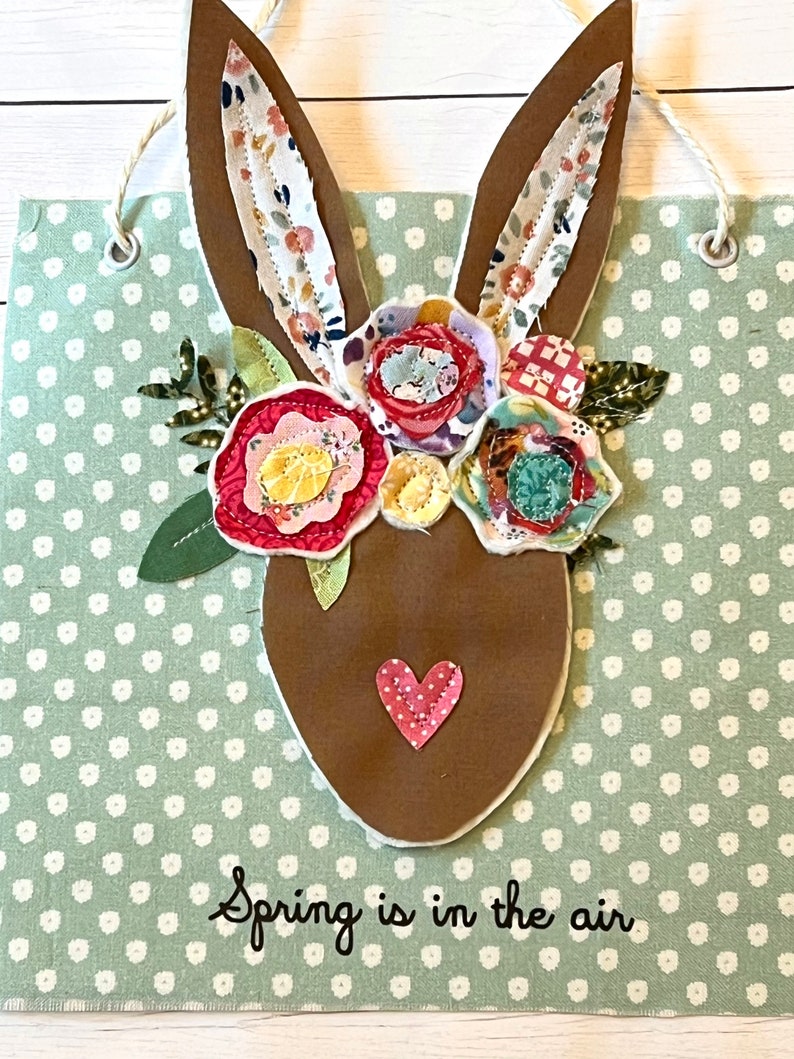Spring Bunny Wall Banner, Fabric Bunny Decor, Spring is in the air, Fabric Appliqué Sign, Fabric Rabbit sign, Easter Decor image 1