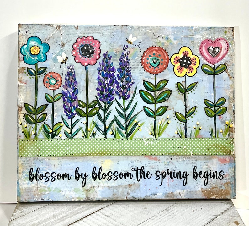 Spring Flower sign, spring decor, blossom by blossom the spring begins, FloralSign, Bee Painting, Mixed media flowers image 2