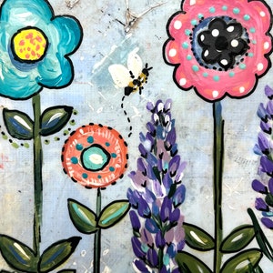 Spring Flower sign, spring decor, blossom by blossom the spring begins, FloralSign, Bee Painting, Mixed media flowers image 4