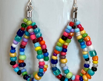 Colorful Beaded Loop Earring, Handmade Double Hoop Earrings, Small Beaded Earring, Earrings, Beaded Jewelry