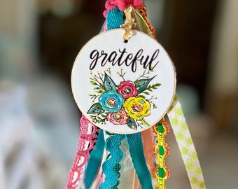 Car Mirror Ornament, Grateful Rear View Mirror Accessories, floral Car Tassel, Ribbon Tassel, Car Charm, Hanging Rear View Mirror