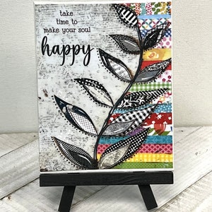 Happy sign, Colorful Sign, Buffalo check, Happiness Gift, take time to make your soul happy, Vine Sign, Inspirational Art, Mixed media Print&Easel Set 3x5"
