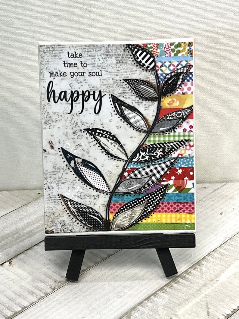 Happy sign, Colorful Sign, Buffalo check, Happiness Gift, take time to make your soul happy, Vine Sign, Inspirational Art, Mixed media Print&Easel Set 3x5"