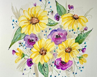 Purples and Yellows Watercolor Painting, Bright Happy Decor, painted flowers