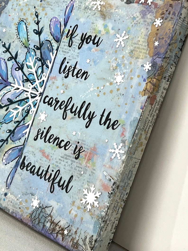 Snowflake Painting, Magical Snowflake Sign, if you listen carefully the silence is beautiful, colorful snow, mixed media snowflake image 7