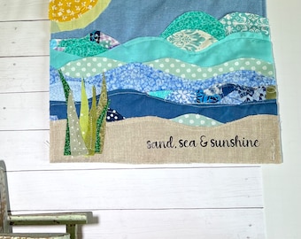 Sand, Sea and sunshine, Beach Fabric Banner, Quilted beach Wall Banner, Fabric wall, Fabric Banner, Fabric Appliqué Sign, beach Decor
