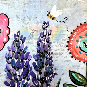 Spring Flower sign, spring decor, blossom by blossom the spring begins, FloralSign, Bee Painting, Mixed media flowers image 3