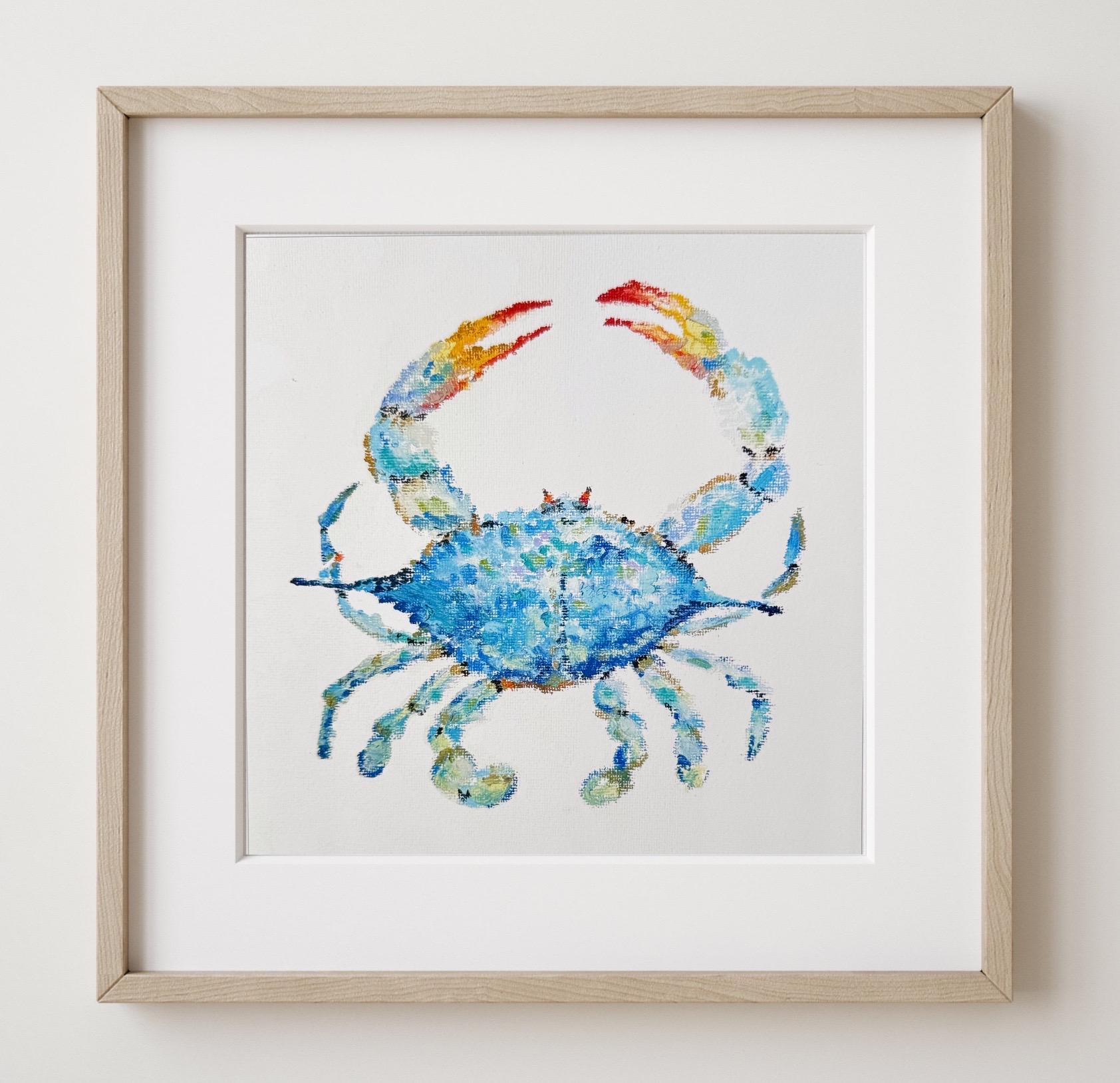 Crab Art, Oil Pastel Beach Art, Framable Prints, Blue Crab
