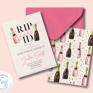 RIP identificación falsa, saludos, champán acuarela rosa/negro, invitación de cumpleaños número 21, veintiuno, día 21, invitación de descarga instantánea editable.