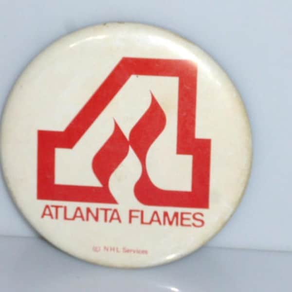 BX23 -- 1960's NHL Vintage ATLANTA FLAMES Pinback Button Vintage Pin Metal Team Logo Advertisement Ice Hockey Puck Hockey Stick Hockey Glove