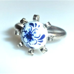 JW2 -- Delft Ring Adjustable Ring Blue White Holland Ring Flower Ring Ceramic Stone