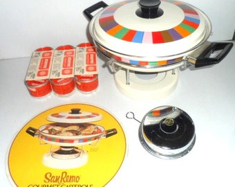 1972 San Remo GOURMET Casserole CHAFING Pot Dish Vintage Enamel Skillet Table Top Warmer Art Deco