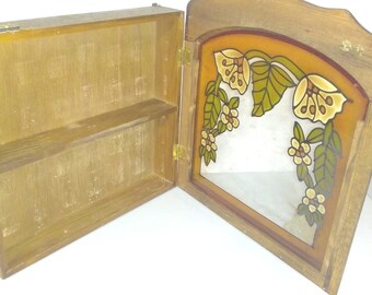 Bsm -- Vintage WOOD SPICE RACK Display Cabinet Storage Cabinet Stained Glass Cabinet Vintage Cabinet Spices Country Kitchen