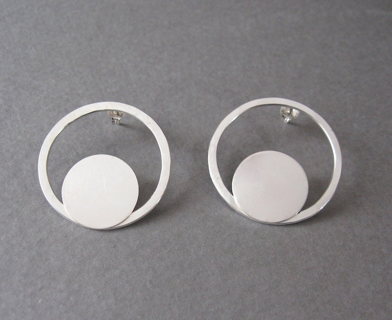 Large silver moon and halo studs Sterling circle and disc post earrings