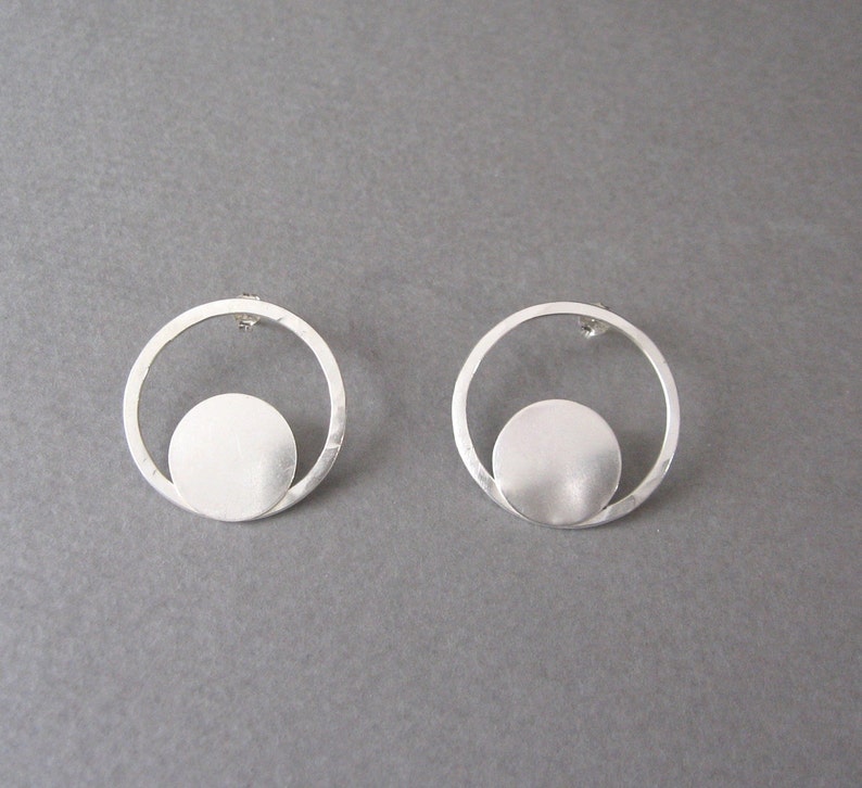 Large silver moon and halo studs Sterling circle and disc post earrings