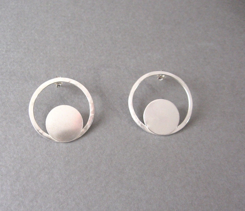 Large silver moon and halo studs Sterling circle and disc post earrings