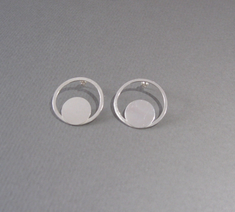 Large silver moon and halo studs Sterling circle and disc post earrings