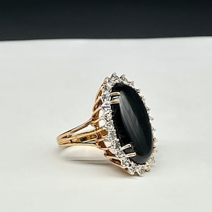Vintage Black Glass & Clear Rhinestone  Victorian Style Statement Ring - Size 9.25 - Large 18Kt Gold Plated Ring from 80s - 90’s