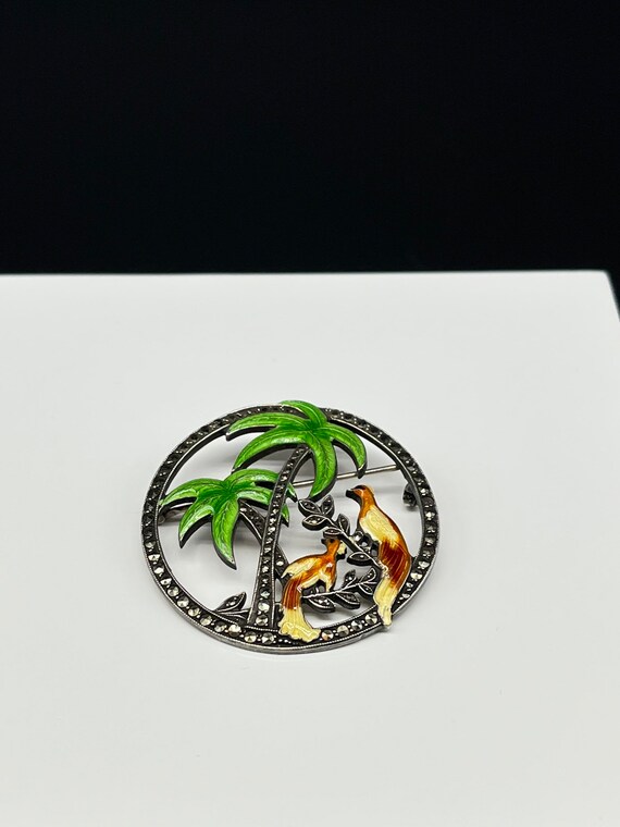 Uncas Sterling and Enamel Palm Trees & Birds Pin /