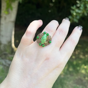 Vintage Green Czech Glass Statement Ring - Green Czech Glass Stones with a Unique Painted Cabochon - Adjustable Size - Marked Czechoslovakia