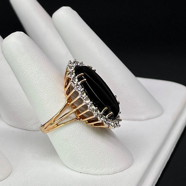 Fab 18KT HGE Black Glass & CZ Victorian Meets 1980’s Statement Ring - Size 9.25