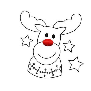 May include: A black and white line drawing of a reindeer wearing a snowflake patterned sweater with three white stars around it. The reindeer has a red nose.