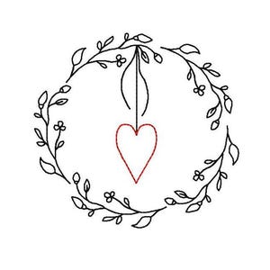 May include: A black and white line drawing of a wreath with a red heart hanging from it.