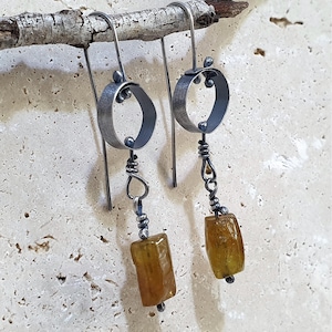 KUMI / Silver Andradite Garnet Oxidised Earrings - Wabi Sabi Rustic Irregular Sterling Silver Gemstone Long Dangle Earrings