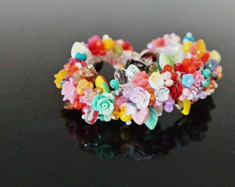 Flower Gemstone Beads Green Purple Nature Oversized Beaded Unique Gifts bagues Adjustable Bohemian Statement Korean Jewelry Gemstone Ring
