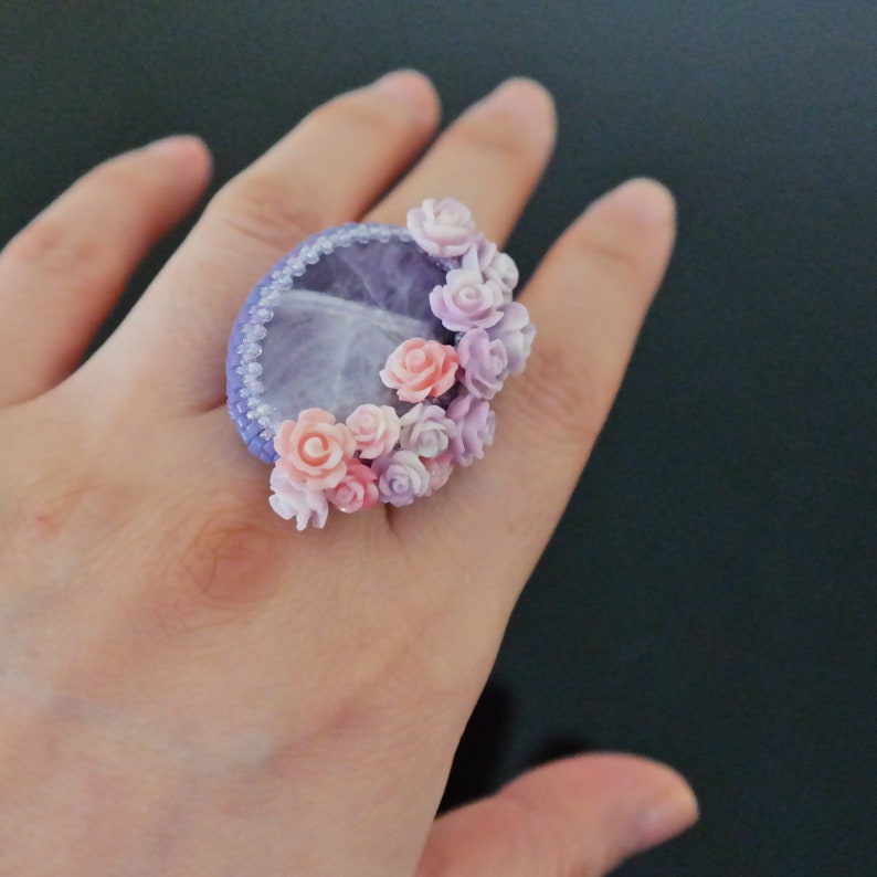 Flower Gemstone Beads Green Purple Nature Oversized Beaded Unique Gifts bagues Adjustable Bohemian Statement Korean Jewelry Gemstone Ring
