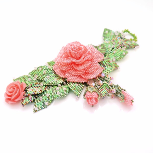 Bracelet-Morning dew Rose Flowers Swarovski Crystal Unique Beadwork Bohemian Statement Bracelet,Free Shipping,Handmade Beaded Jewelry