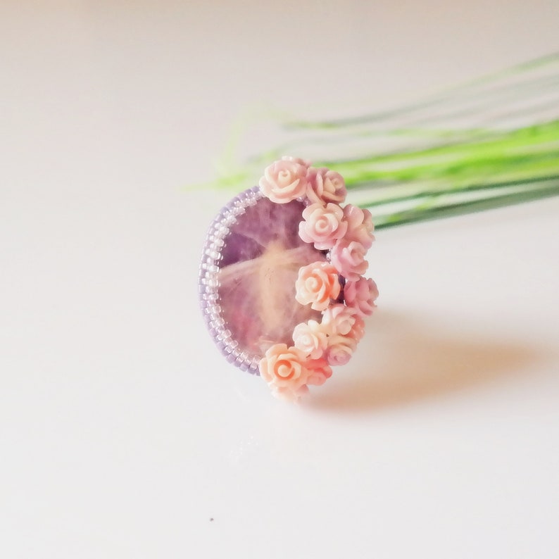 Flower Gemstone Beads Green Purple Nature Oversized Beaded Unique Gifts bagues Adjustable Bohemian Statement Korean Jewelry Gemstone Ring