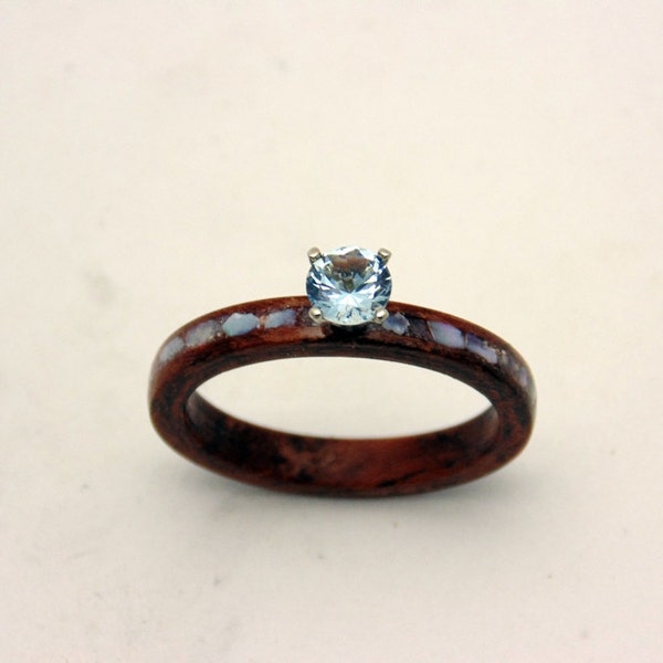 Handmade wood Engagement ring waterfall Bubinga with Auqamarine set in white gold pearl inlay promise ring