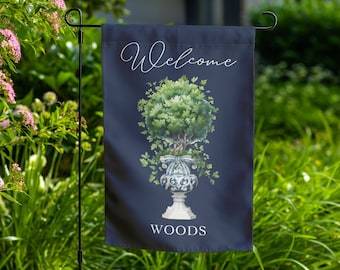 Custom Garden Flag, Chinoiserie, Personalized House Flag, Topiary Yard Sign, Preppy Decor, Housewarming Gift