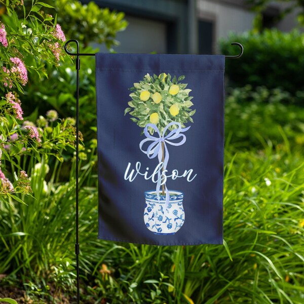 Custom Garden Flag, Chinoiserie, Personalized House Flag, Topiary Yard Sign, Preppy Decor, Housewarming Gift