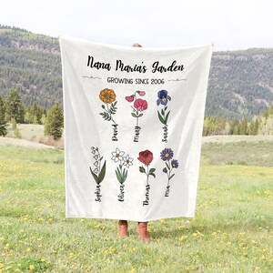 Grandma Blanket, Mothers Day Blanket, Grandma&#39;s Garden Blanket, Birth Flower Gift From Grandkids