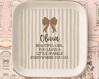Personalized Girl Trinket Dish Jewelry Dish Gift For Niece Granddaughter Daughter Bow Keepsake Birthday Christmas Gift Ring Holder