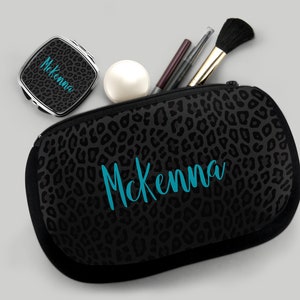 Teenage Girl Gifts, Personalized Makeup Bag, Custom Cosmetic Bag, Animal Print Pouch and Mirror Set - Custom Colors