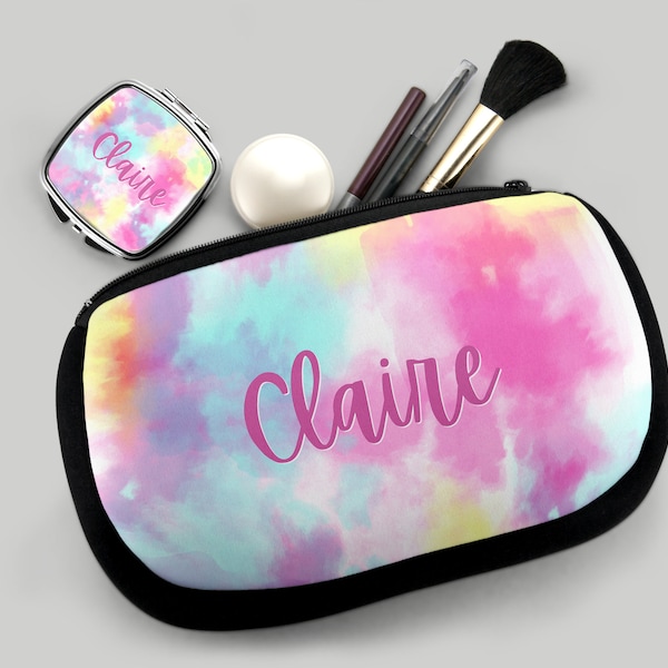 Tween Girl Gifts, Personalized Makeup Bag, Custom Cosmetic Bag, Tie Dye Pouch and Mirror Set