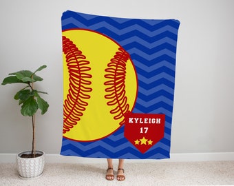 Softball Gifts, Personalized Blanket, Sports Fleece Throw, Teen Girl Present - Custom Colors