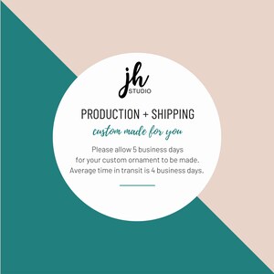 K&ouml;nnte beinhalten: Wei&szlig;er Kreis mit dem Text "jh STUDIO" und "PRODUCTION + SHIPPING custom made for you". Der Hintergrund hat teal, beige und wei&szlig;e geometrische Formen. Der Text besagt, dass kundenspezifische Ornamente 5 Werktage dauern.
