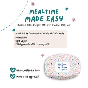 May include: A pink and white oval plate with a Mahjong tile design. Text on the plate reads "Mahjong by the Sea at Laura's." The image also includes text: "Mealtime Made Easy" and "BPA + Melamine free."