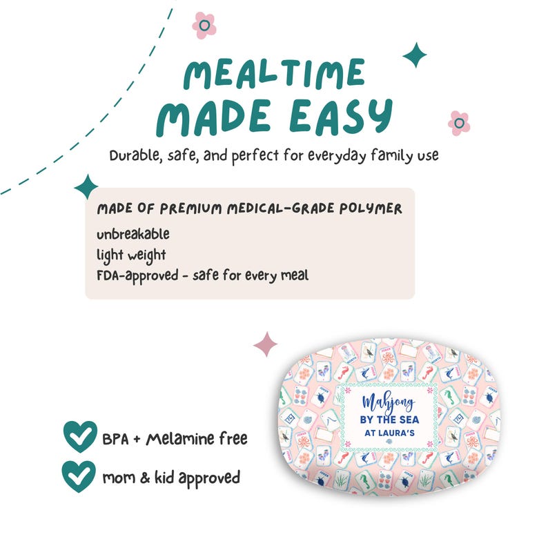 May include: A pink and white oval plate with a Mahjong tile design. Text on the plate reads "Mahjong by the Sea at Laura's." The image also includes text: "Mealtime Made Easy" and "BPA + Melamine free."